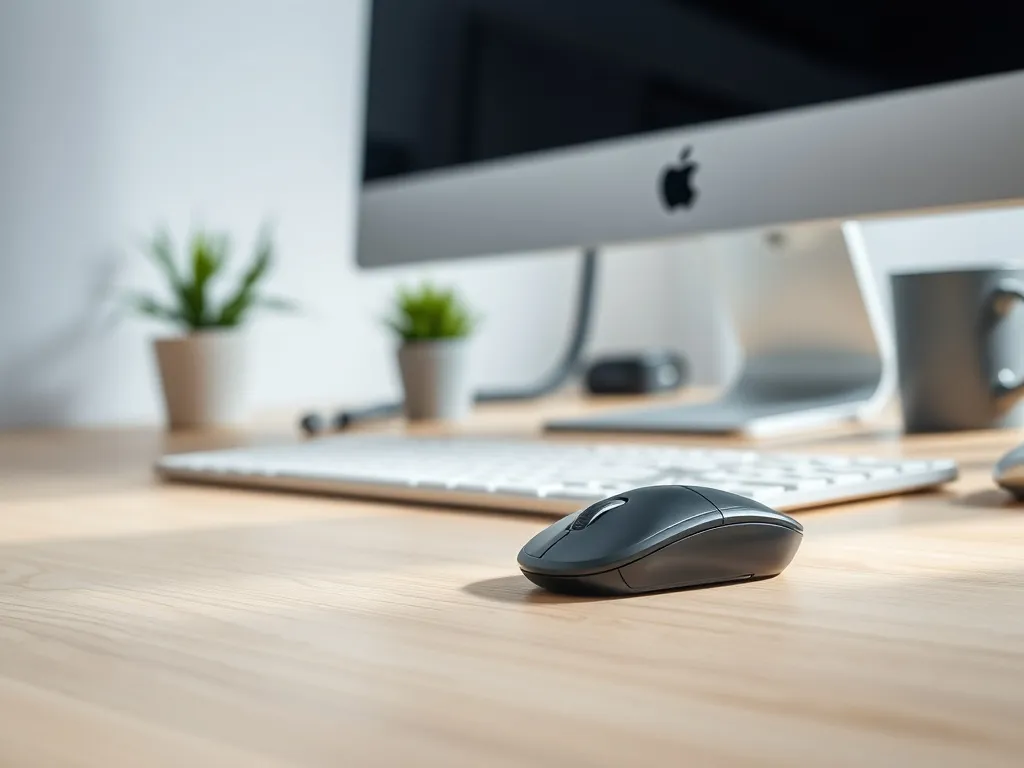 Bezprzewodowa mysz ergonomiczna na jasnym biurku obok klawiatury, w tle monitor, roślina i kubek w spokojnym biurze.