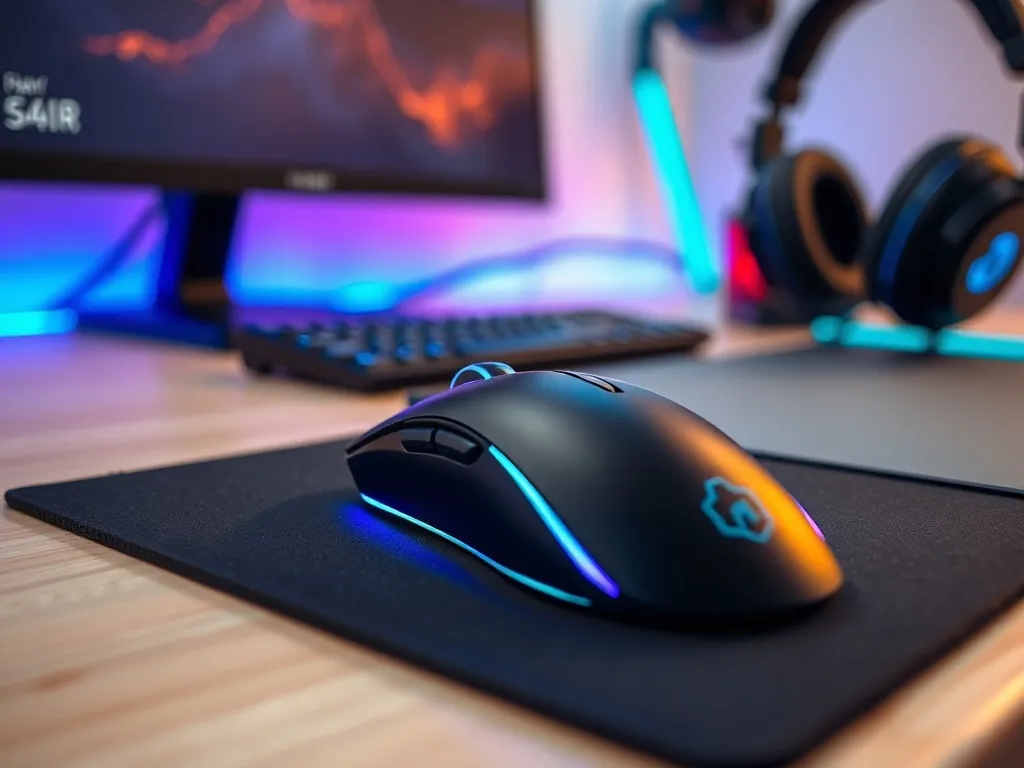 Nowoczesna mysz gamingowa z podświetleniem RGB na biurku, obok słuchawek i podkładki, w minimalistycznym stanowisku gracza.