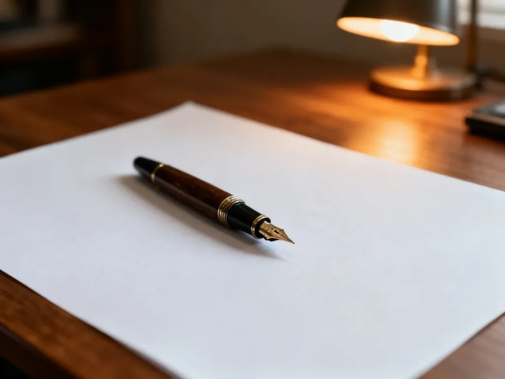 Wieczne pióro leżące na czystej kartce papieru, symbolizujące proces pisania i dbałość o poprawne użycie słów.