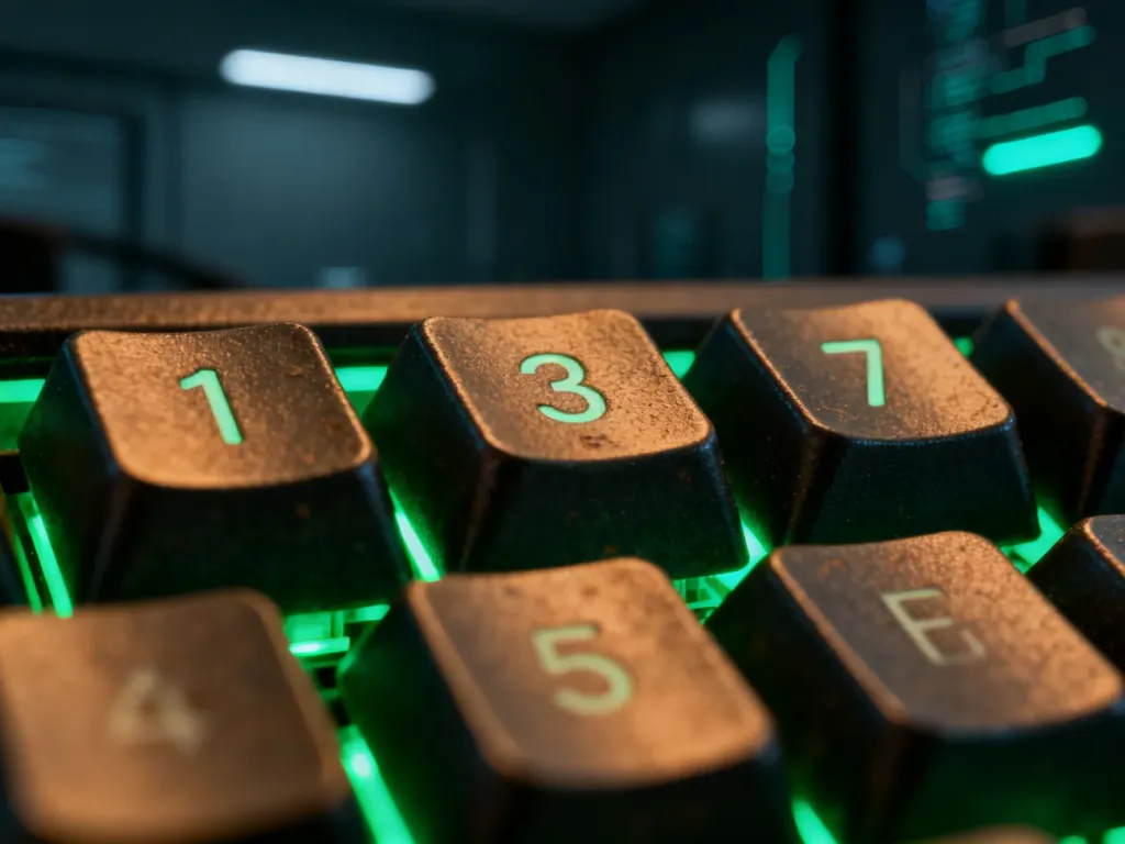 Zbliżenie na klawisze 1, 3 i 7 podświetlanej mechanicznej klawiatury w klimacie retro, nawiązujące do kultury hakerskiej.