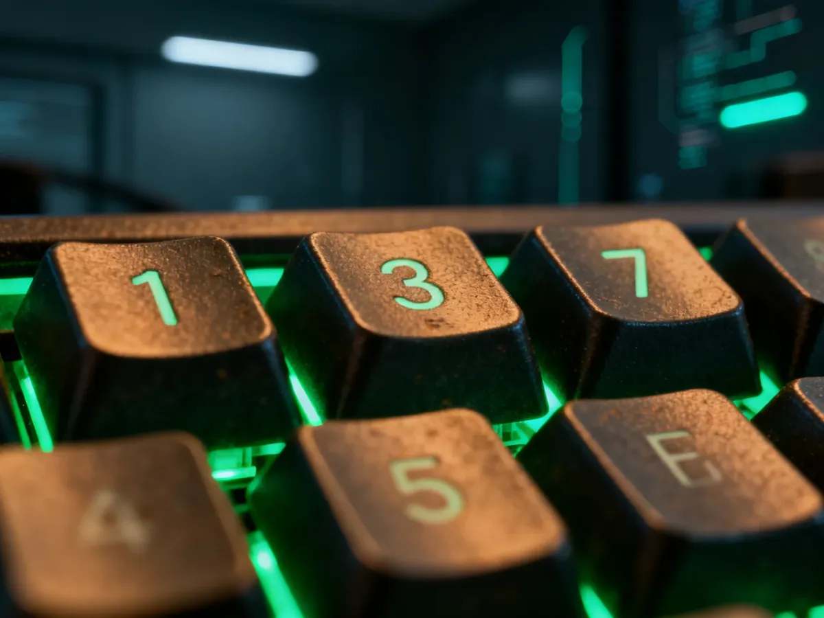 Zbliżenie na klawisze 1, 3 i 7 podświetlanej mechanicznej klawiatury w klimacie retro, nawiązujące do kultury hakerskiej.