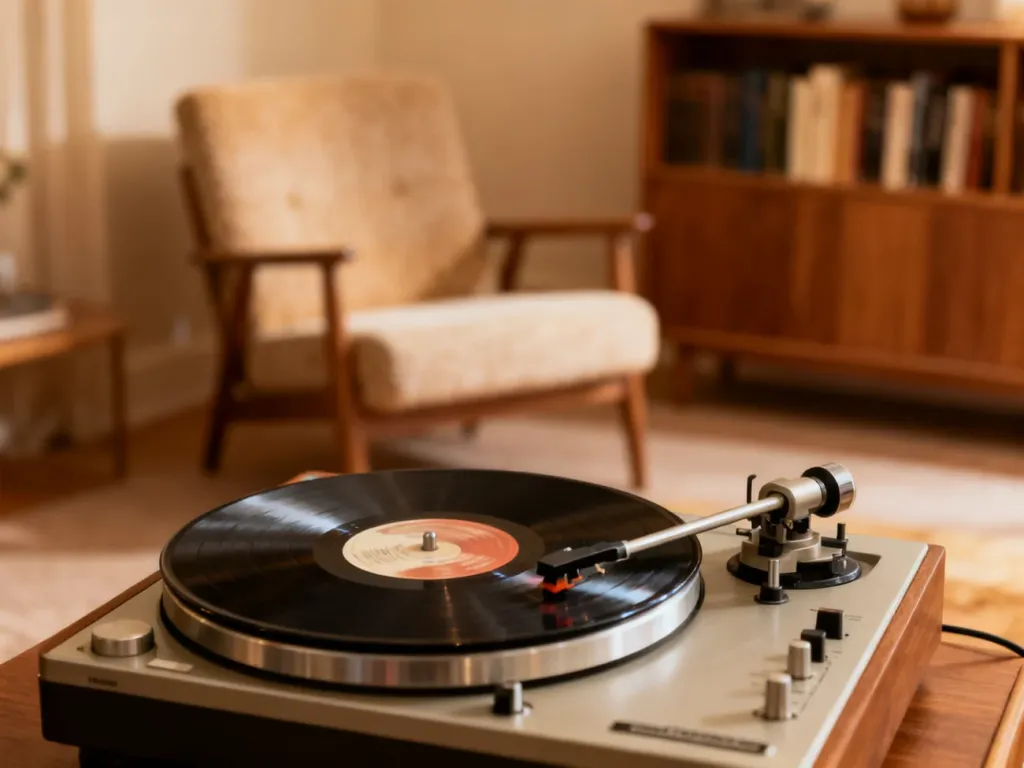 Gramofon odtwarzający płytę winylową w przytulnym salonie, przywołujący nostalgiczną atmosferę lat 60. XX wieku.