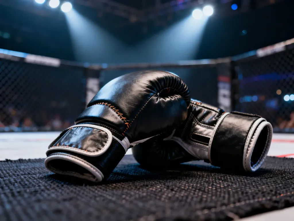 Profesjonalne rękawice MMA spoczywające na macie ringu w tle z rozmytą siatką oktagonu w świetle reflektorów.
