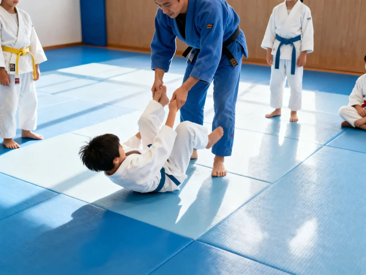 Instruktor judo pokazujący dzieciom bezpieczne padanie