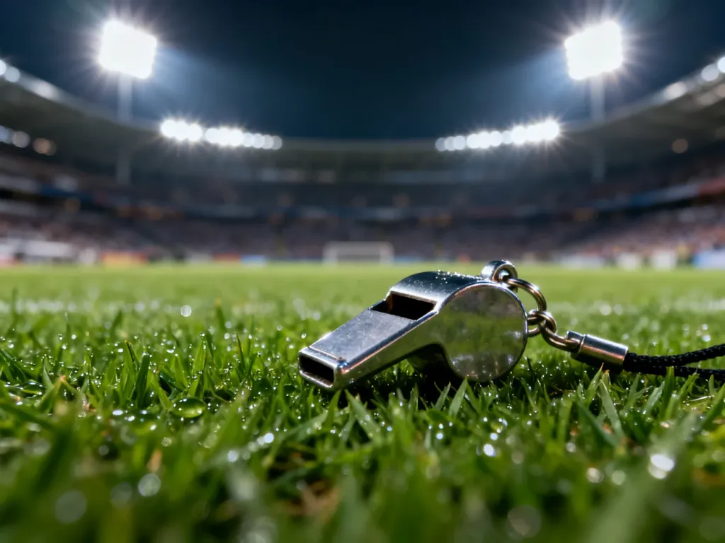 Srebrny gwizdek sędziowski leżący na murawie boiska w świetle reflektorów stadionu.
