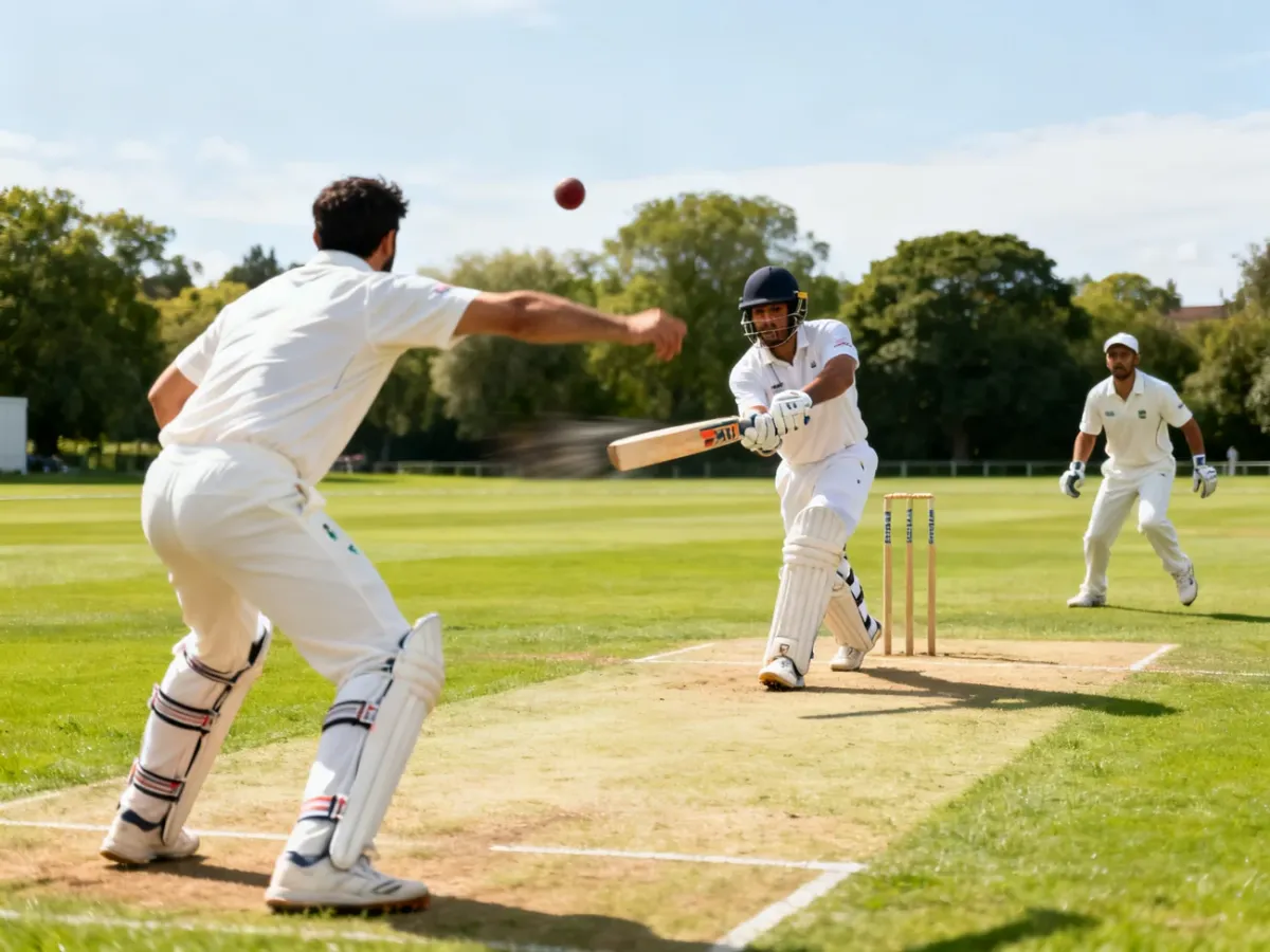 Batsman broniący wicketu przed rzucającym na boisku krykietowym