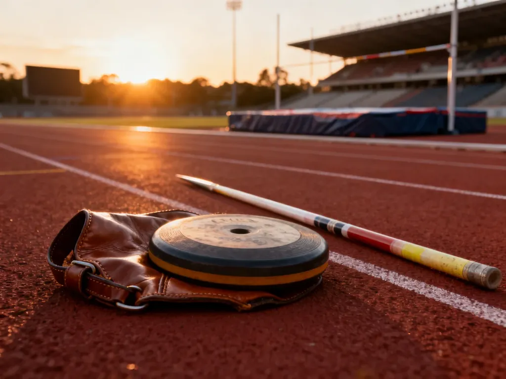 Sprzęt do dziesięcioboju, w tym oszczep, dysk i tyczka, leżący na bieżni lekkoatletycznej o wschodzie słońca.