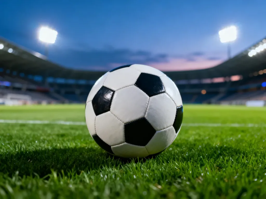 Profesjonalna piłka nożna spoczywająca na murawie stadionu w świetle jupiterów przed wieczornym meczem.