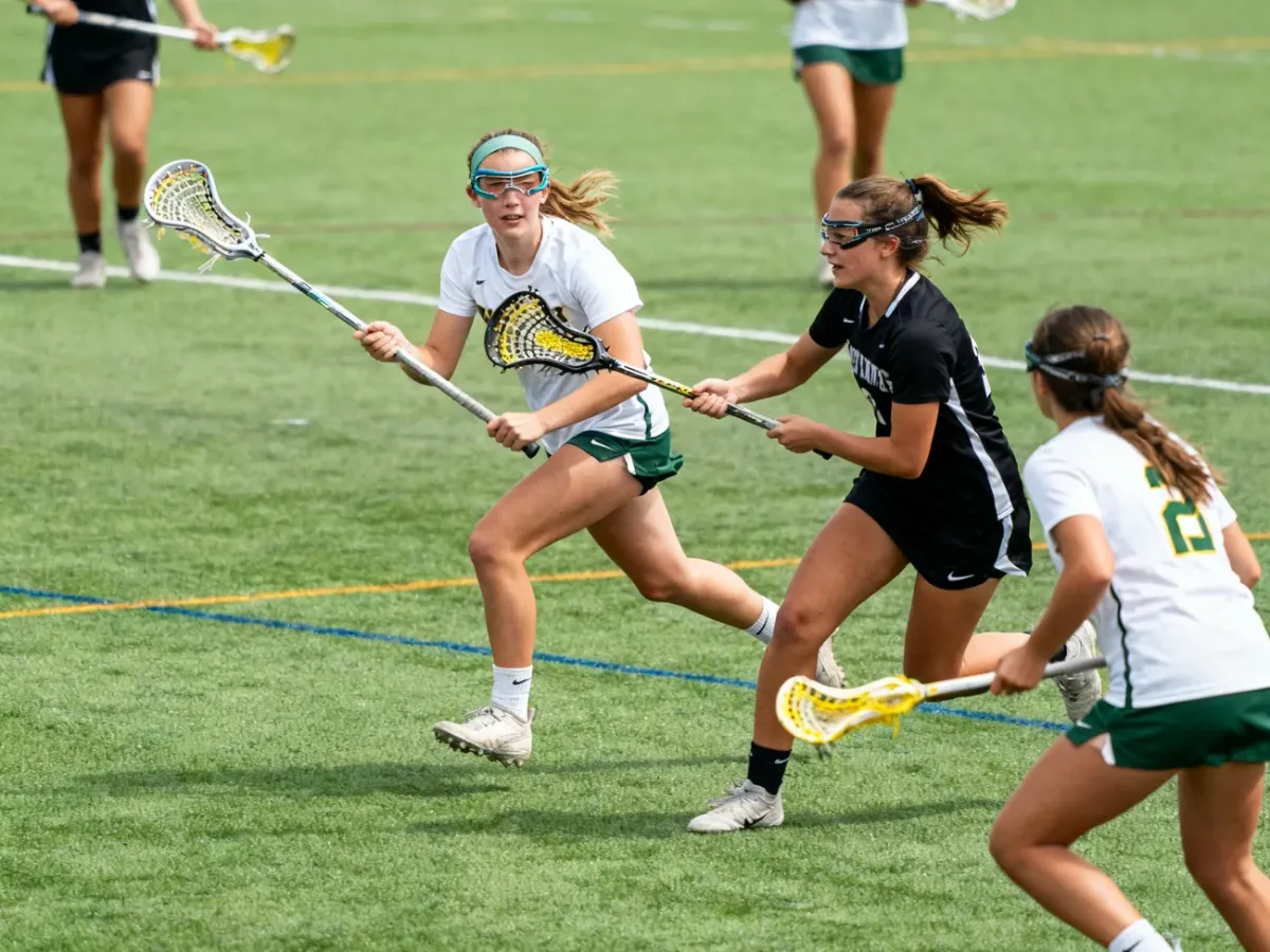 Zawodniczki lacrosse podczas szybkiej akcji na boisku
