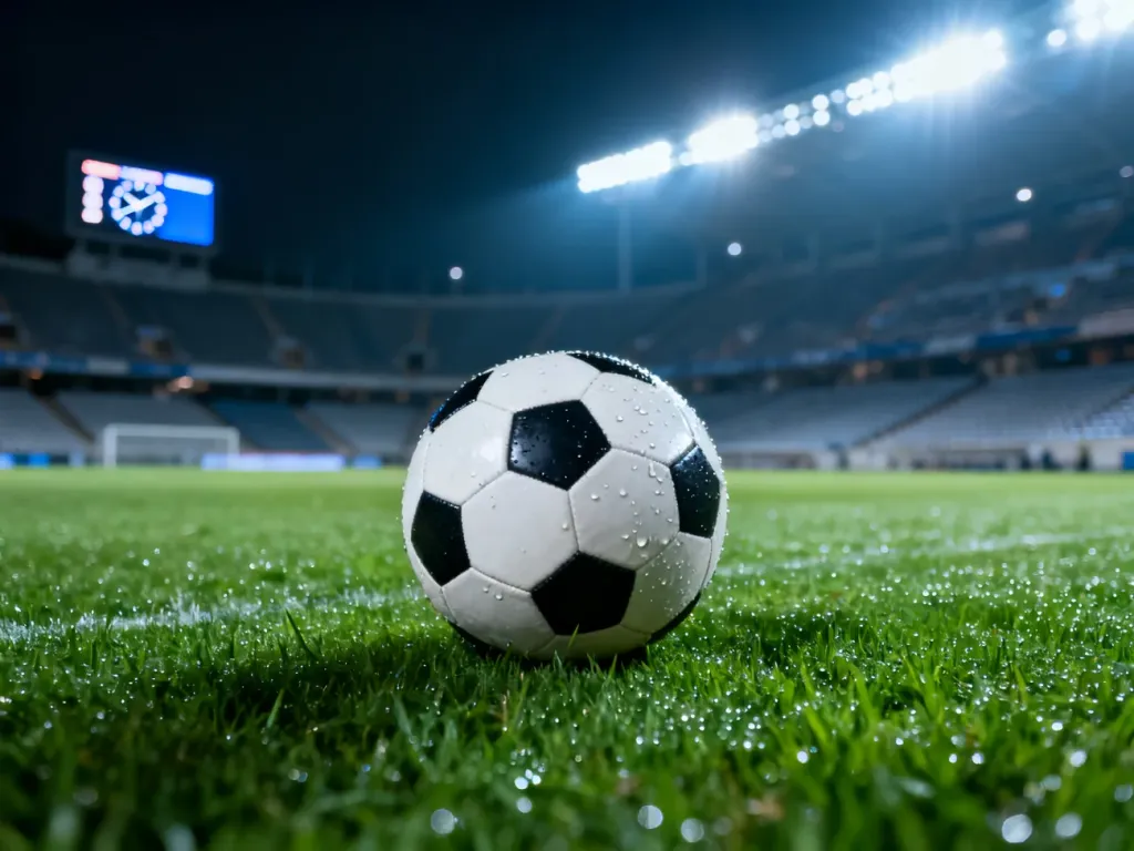 Piłka do piłki nożnej na murawie stadionu przy sztucznym oświetleniu, symbolizująca emocje towarzyszące dogrywce.