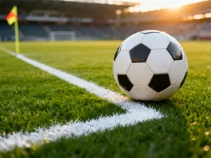 Piłka na murawie stadionu w świetle jupiterów, sugerująca przerwę w meczu piłkarskim.