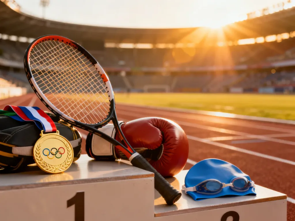 Złoty medal oraz akcesoria sportowe, takie jak rakieta tenisowa i rękawica bokserska, ustawione na podium na tle stadionu.