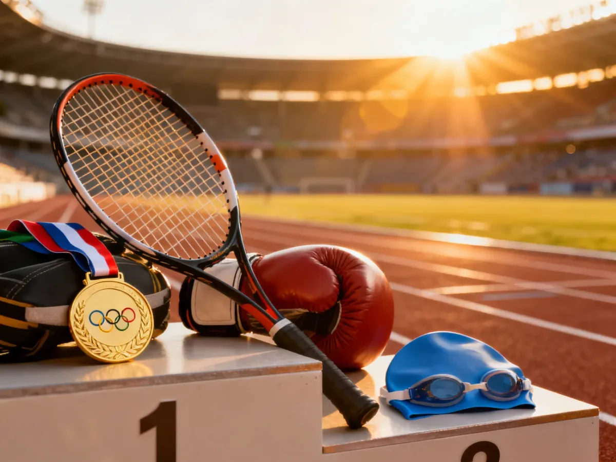 Złoty medal oraz akcesoria sportowe, takie jak rakieta tenisowa i rękawica bokserska, ustawione na podium na tle stadionu.