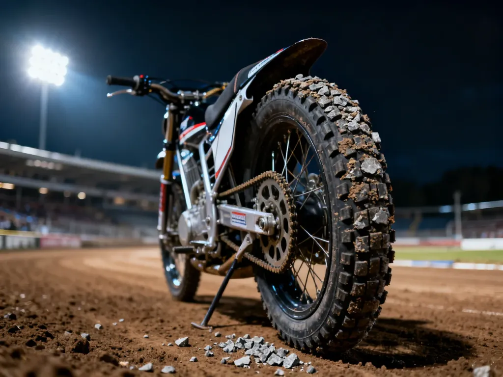 Profesjonalny motocykl żużlowy z tylną oponą na torze żużlowym w świetle jupiterów na stadionie.