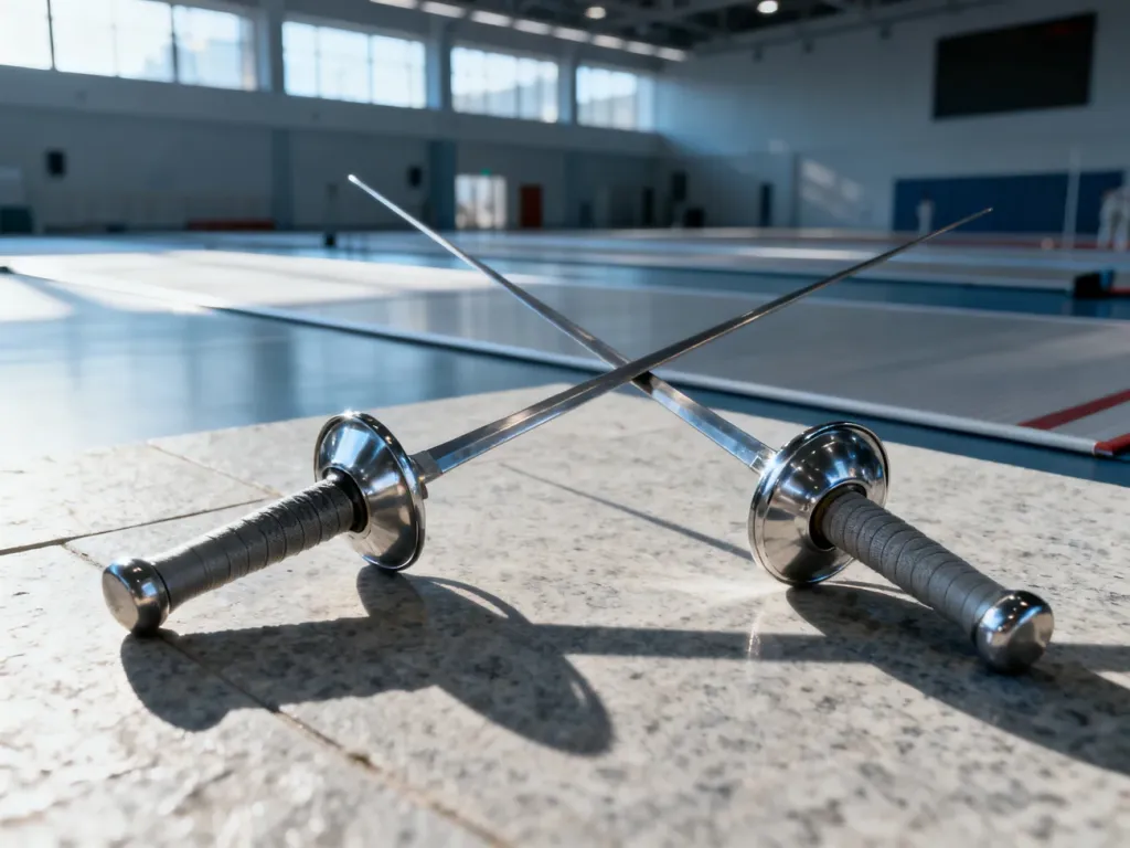 Skrzyżowane szpady szermiercze na kamiennym podłożu w tle nowoczesnej hali sportowej.