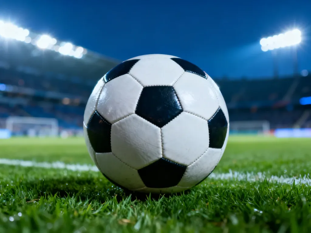 Piłka nożna leżąca na murawie stadionu w świetle jupiterów podczas wieczornego meczu.