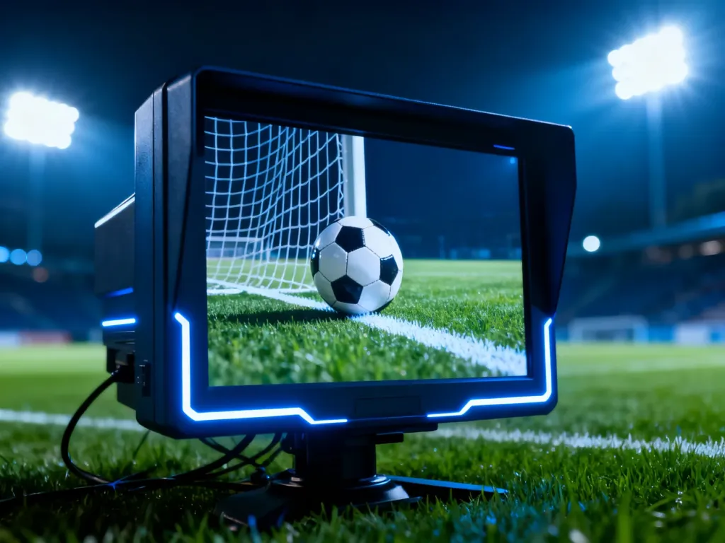 Monitor VAR wyświetlający powtórkę sytuacji bramkowej na tle oświetlonego stadionu piłkarskiego.
