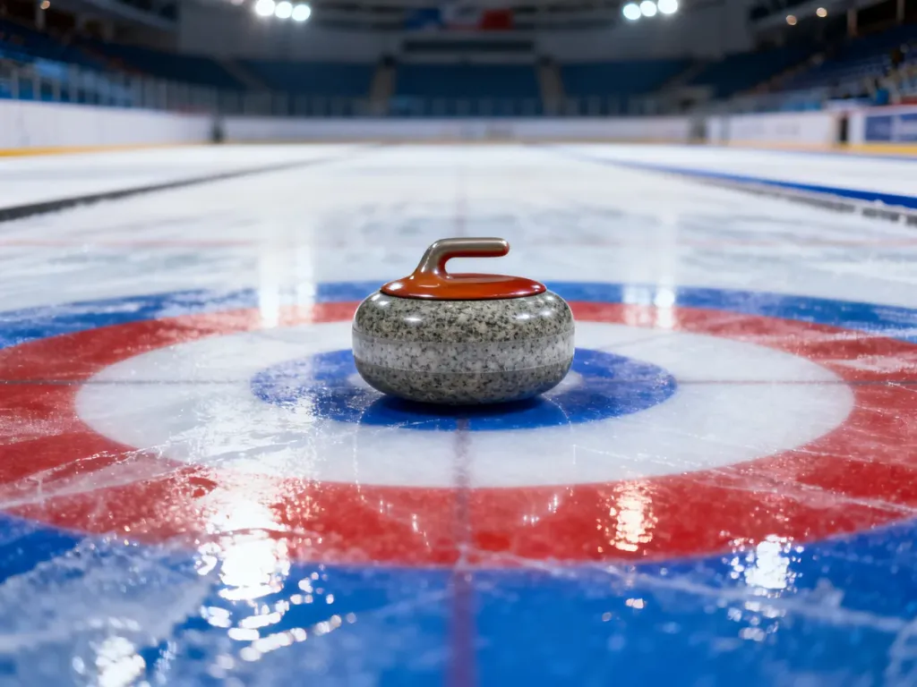 Kamień do curlingu spoczywający idealnie w centrum tarczy (button) na lodowisku.