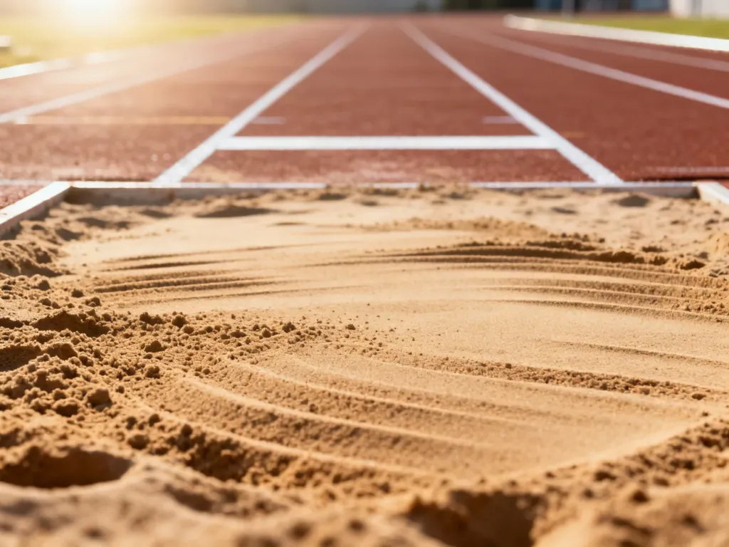 Profesjonalna skocznia do skoku w dal z wyrównanym piaskiem na tle bieżni lekkoatletycznej w porannym słońcu.