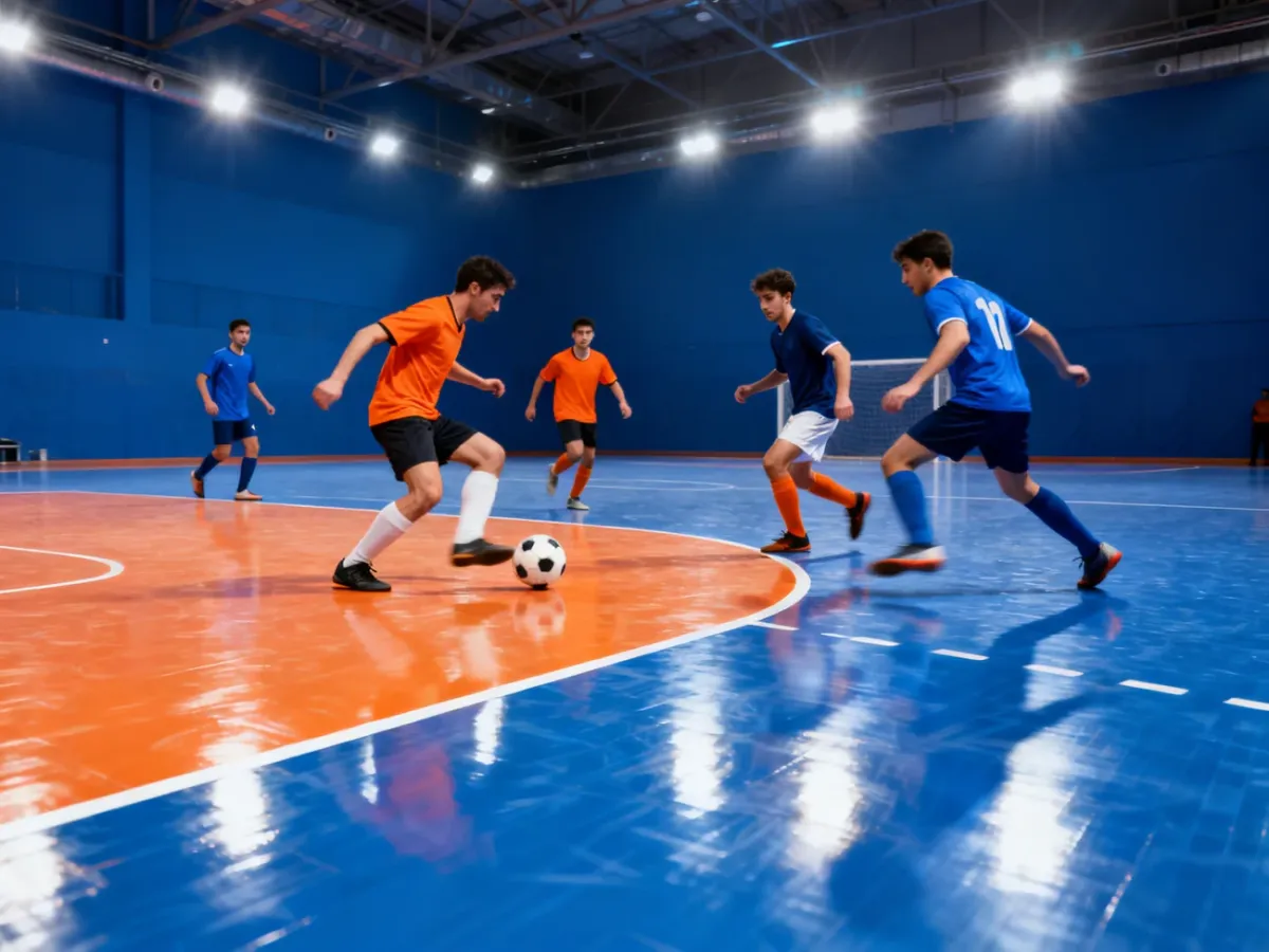 Zawodnicy rozgrywają dynamiczny mecz futsalu na hali
