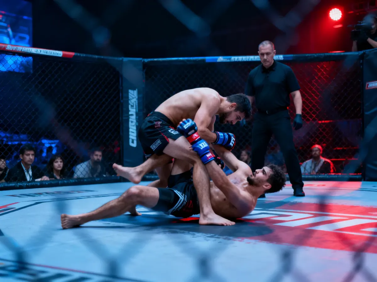 Zawodnicy MMA walczący w klatce pod obserwacją sędziów