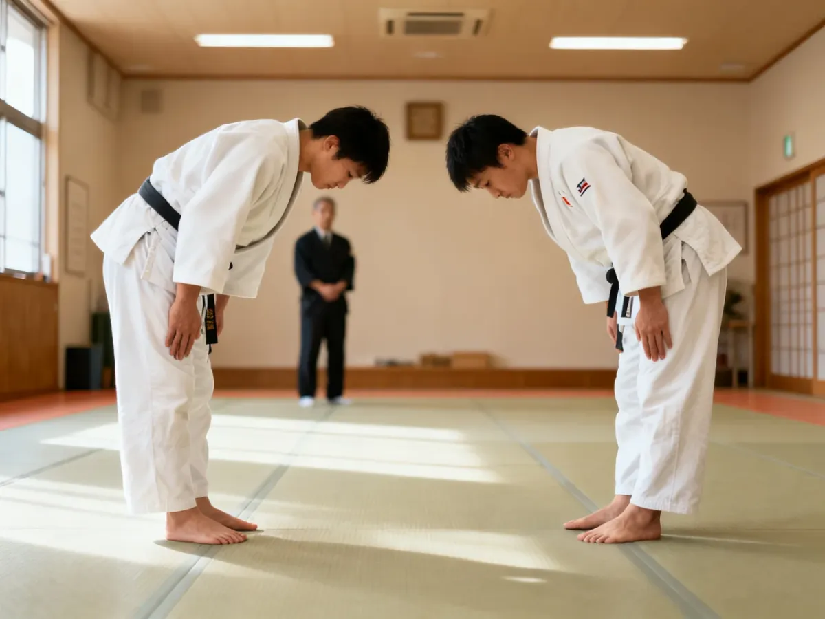 Dwóch judoków kłaniających się sobie na macie w dojo