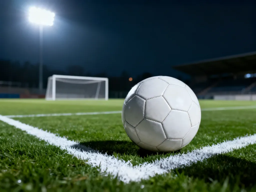 Piłka do gry w piłkę nożną ustawiona na murawie stadionu, gotowa do wykonania rzutu wolnego w świetle jupiterów.