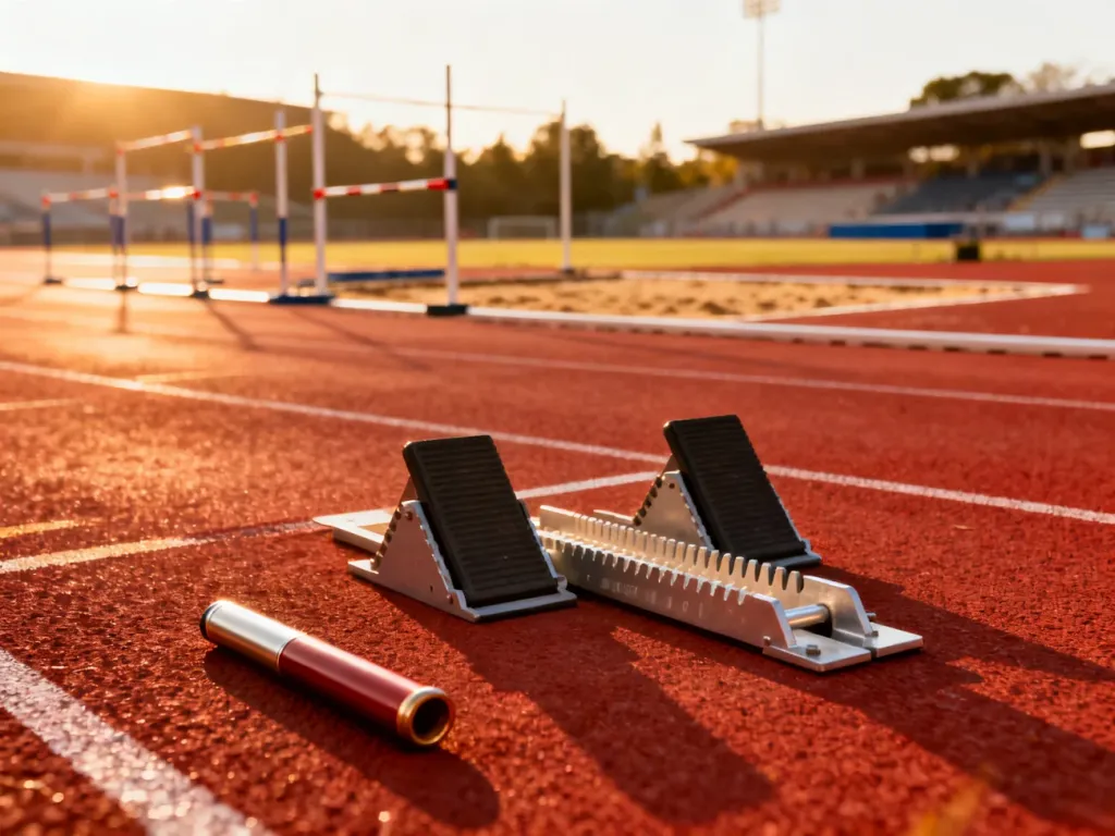 Profesjonalna bieżnia lekkoatletyczna z blokami startowymi i pałeczką sztafetową o wschodzie słońca.