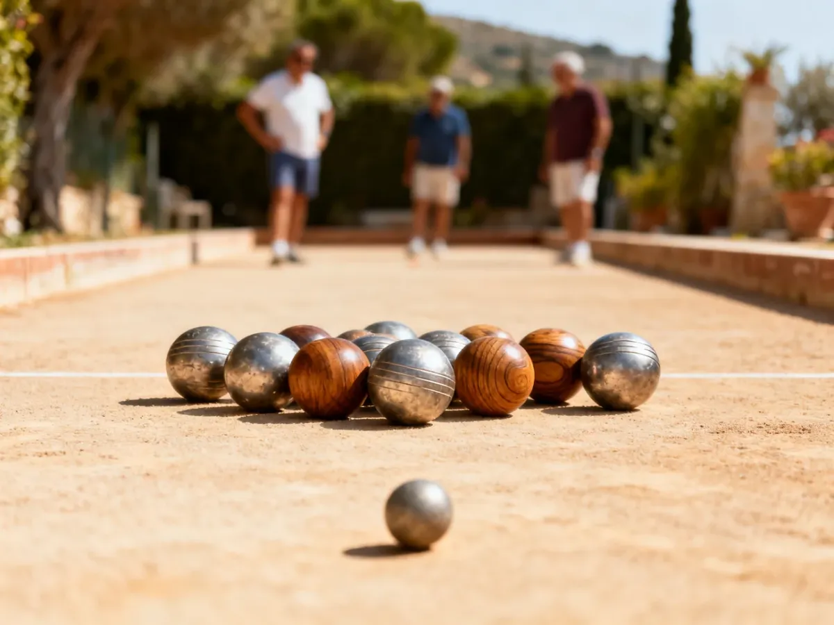 Kule do bocce ustawione wokół małego pallino na korcie