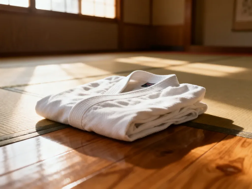 Czyste judogi rozłożone na matcie tatami w tradycyjnym dojo, podkreślające dyscyplinę i przygotowanie do treningu judo.