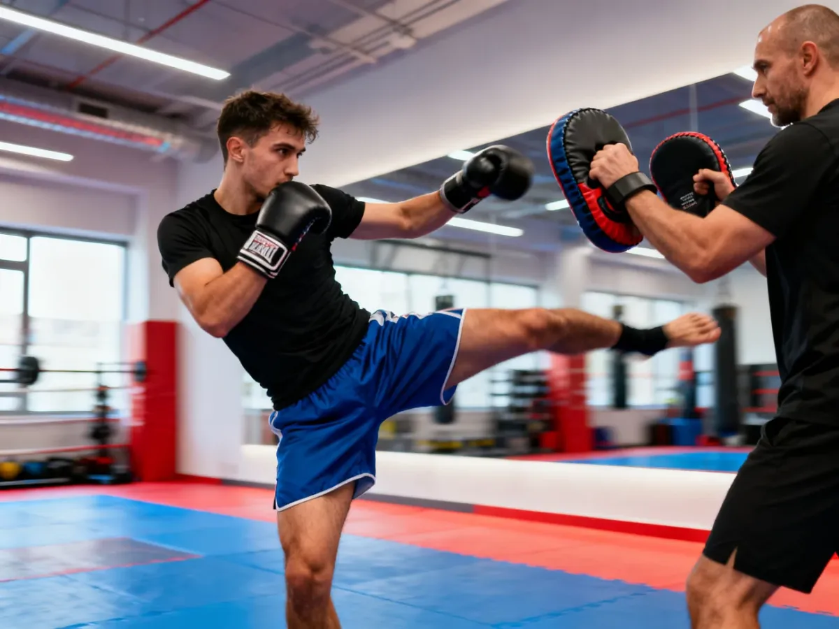 Kickboxer łączący ciosy i kopnięcie podczas treningu