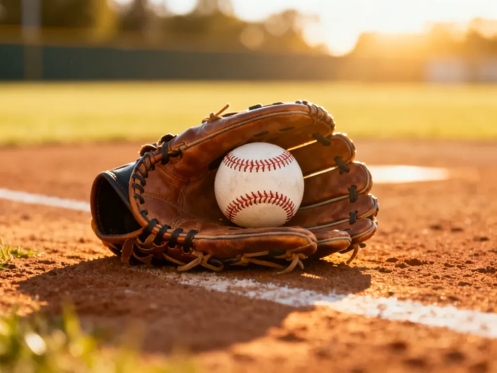 Piłka do baseballa spoczywająca na skórzanej rękawicy na tle rozmytego boiska w promieniach słońca.