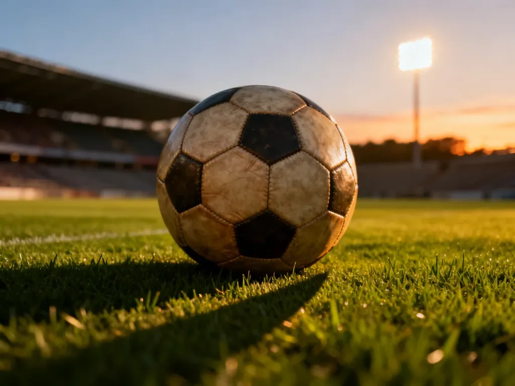 Skórzana piłka na idealnie przystrzyżonej murawie stadionu w świetle zachodzącego słońca.