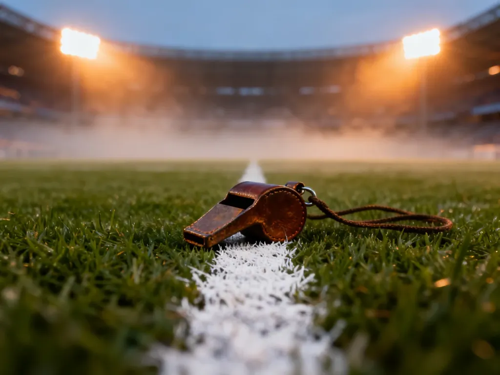 Skórzany gwizdek sędziowski leżący na linii boiska w świetle stadionowych reflektorów o zmierzchu.