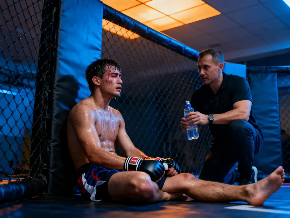 Zmęczony zawodnik MMA odpoczywający między rundami pod opieką trenera