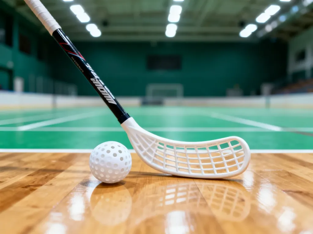Profesjonalny kij do unihokeja i ażurowa piłeczka na parkiecie hali sportowej, gotowe do rozpoczęcia gry.