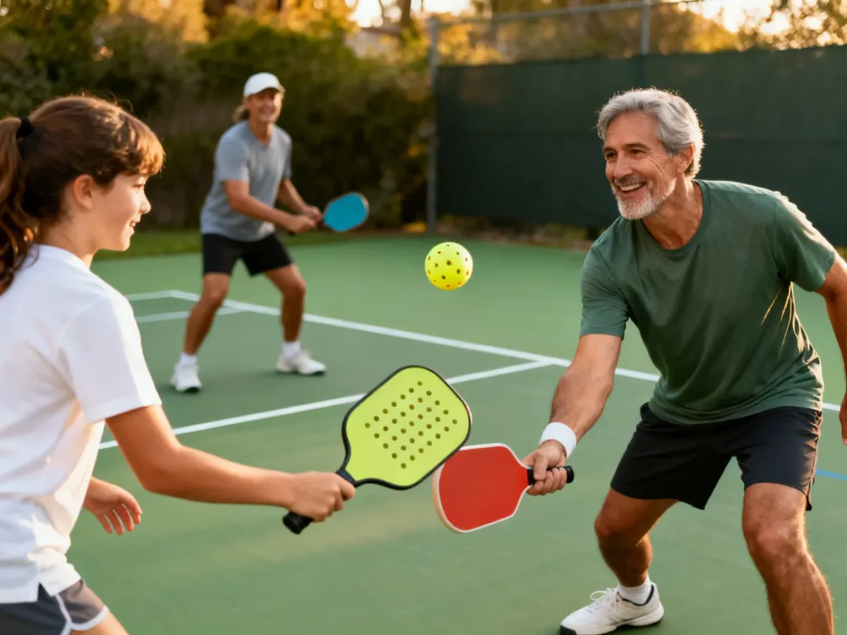 Rodzina i znajomi grający w pickleball na niewielkim boisku