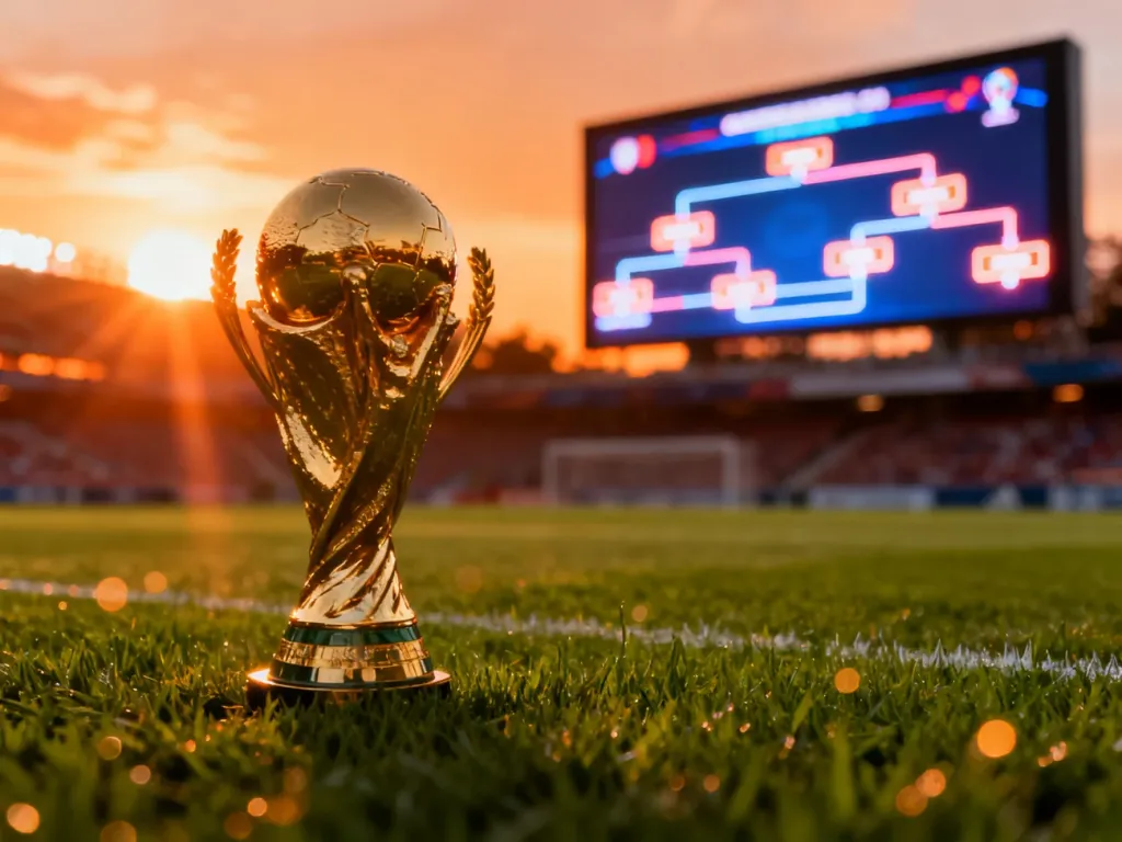 Złoty puchar na murawie stadionu z widoczną w tle grafiką turniejową, symbolizujący rywalizację w systemie pucharowym.