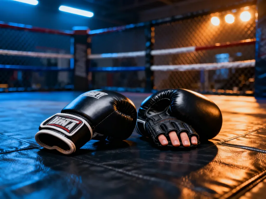 Profesjonalne rękawice bokserskie oraz rękawice do MMA leżące obok siebie na macie treningowej w sali walk.