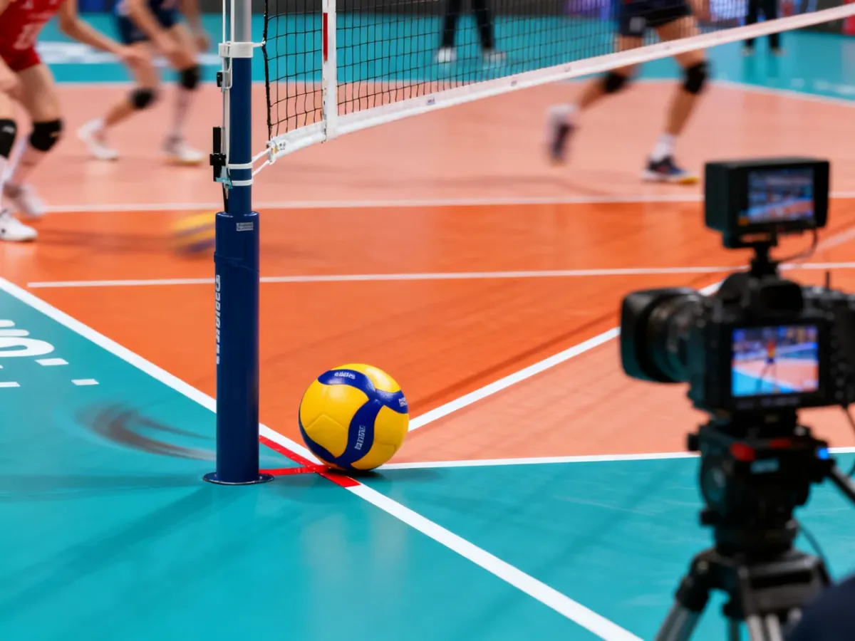 Piłka siatkowa dotykająca linii boiska podczas spornej akcji