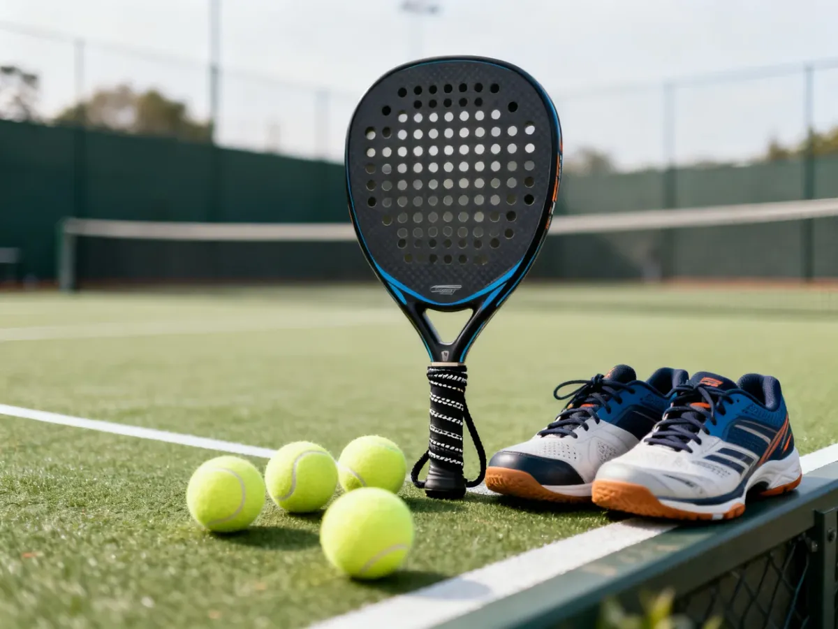 Rakieta do padla, piłki i buty sportowe przy korcie