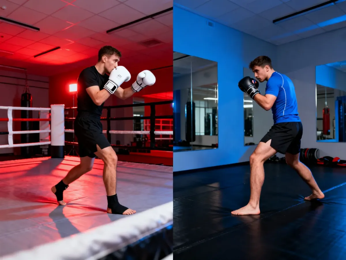 Bokser i zawodnik MMA trenujący różne techniki w sali sportów walki