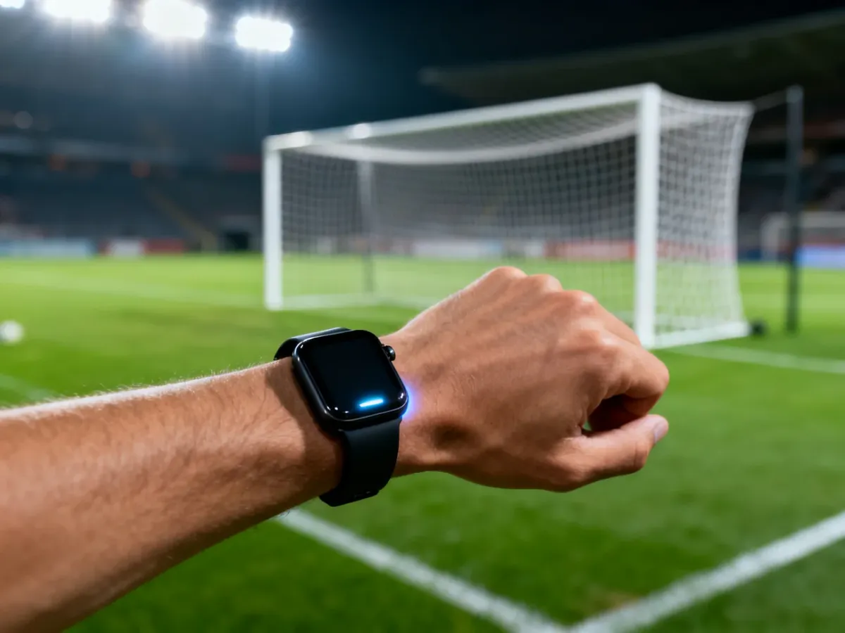 Sędzia piłkarski otrzymujący sygnał na smartwatchu na tle bramki