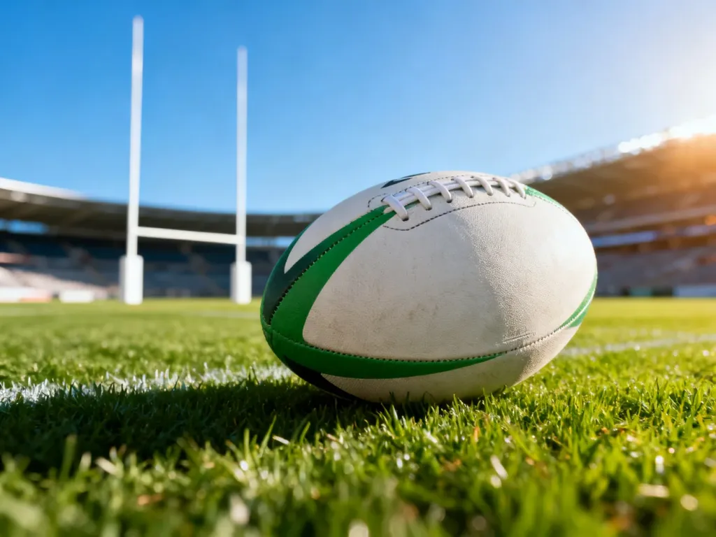 Piłka do rugby leżąca na murawie stadionu z widocznymi w tle słupami bramki. Ilustracja zasad zdobywania punktów w rugby.