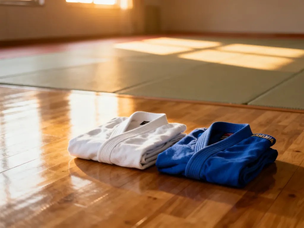 Złożone obok siebie białe judogi i niebieskie gi do brazylijskiego jiu-jitsu na drewnianej podłodze w sali treningowej.