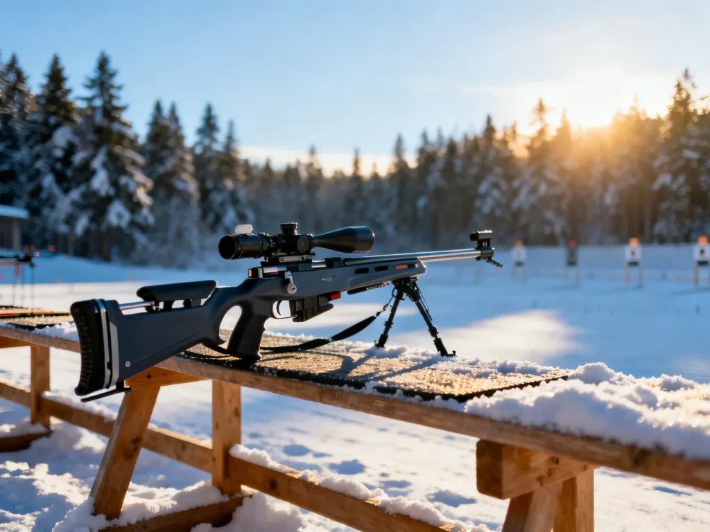 Nowoczesny karabin biathlonowy spoczywający na drewnianym stojaku na tle zaśnieżonego, zimowego krajobrazu.