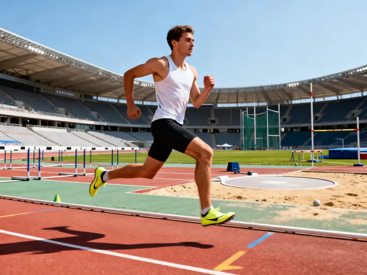 Zawodnik dziesięcioboju na stadionie lekkoatletycznym wśród sprzętu do różnych konkurencji
