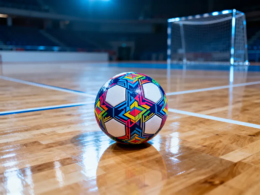 Profesjonalna piłka do futsalu leżąca na środku lśniącego parkietu hali sportowej w świetle reflektorów.