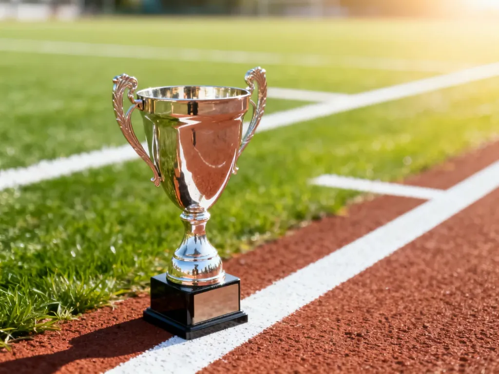 Srebrne trofeum ustawione na bieżni lekkoatletycznej, symbolizujące zwycięstwo osiągnięte zgodnie z zasadami fair play.