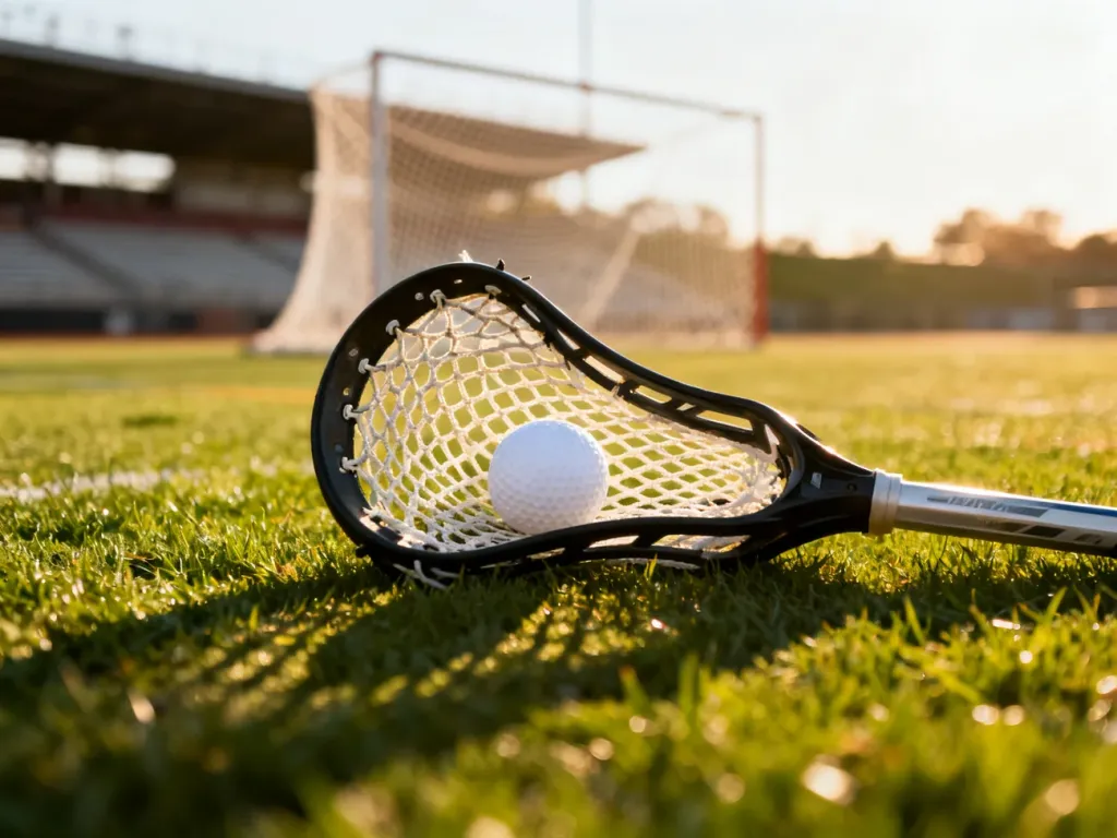 Kij do lacrosse z piłką w siatce na tle zielonego boiska i stadionu w promieniach popołudniowego słońca.